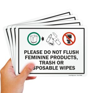 smartsign (pack of 4) 5 x7 inch “please do not flush feminine products, trash or disposable wipes” labels with symbols, 5 mil laminated polyester with superstick adhesive, multicolor