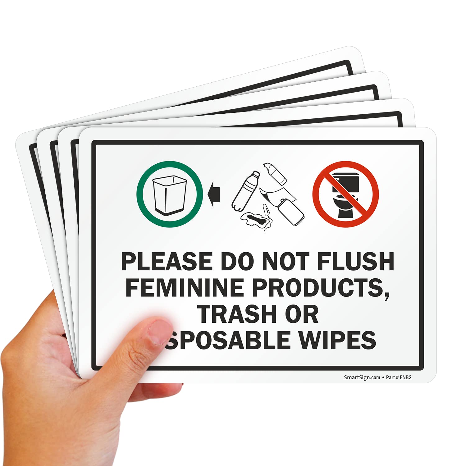 SmartSign (Pack of 4) 5 x7 inch “Please Do Not Flush Feminine Products, Trash Or Disposable Wipes” Labels with Symbols, 5 mil Laminated Polyester with SuperStick Adhesive, Multicolor