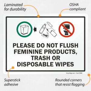 SmartSign (Pack of 4) 5 x7 inch “Please Do Not Flush Feminine Products, Trash Or Disposable Wipes” Labels with Symbols, 5 mil Laminated Polyester with SuperStick Adhesive, Multicolor