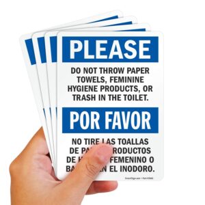 smartsign 7 x 5" do not throw paper towels, feminine hygiene products, trash in the toilet bilingual sticker labels pack of 4, 5 mil laminated polyester with superstick adhesive, blue black white