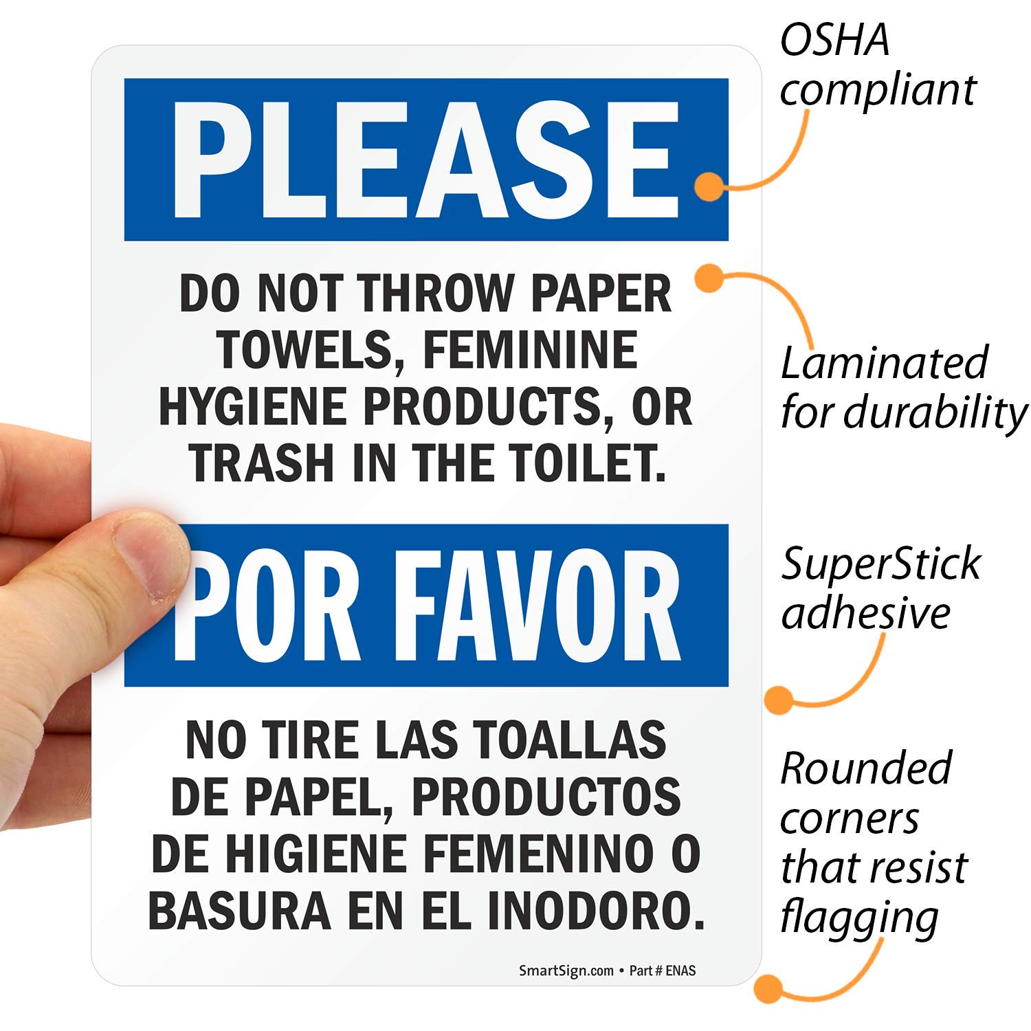 SmartSign 7 x 5" Do Not Throw Paper Towels, Feminine Hygiene Products, Trash in The Toilet Bilingual Sticker Labels Pack of 4, 5 mil Laminated Polyester with SuperStick Adhesive, Blue Black White