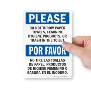 SmartSign 7 x 5" Do Not Throw Paper Towels, Feminine Hygiene Products, Trash in The Toilet Bilingual Sticker Labels Pack of 4, 5 mil Laminated Polyester with SuperStick Adhesive, Blue Black White