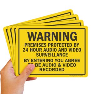 smartsign (pack of 4) 5 x7 inch “warning - premises protected by 24 hour audio and video surveillance” sticker labels, 5 mil laminated polyester with superstick adhesive, black and yellow