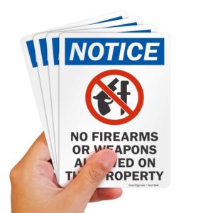 SmartSign (Pack of 4) 7 x 5 inch “Notice - No Firearms Or Weapons Allowed On This Property“ Sticker Labels with Symbol, 5 mil Laminated Polyester with SuperStick Adhesive, Multicolor