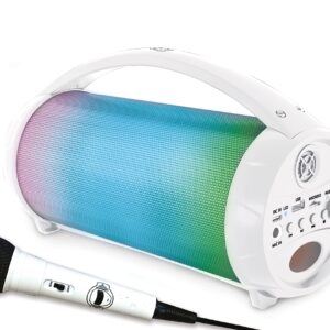 LEXIBOOK BTP585Z iParty-Portable Bluetooth Speaker with Microphone, Stereo, Light Effects, Karaoke, Wireless, FM Radio, USB, SD Card, Rechargeable Battery, White