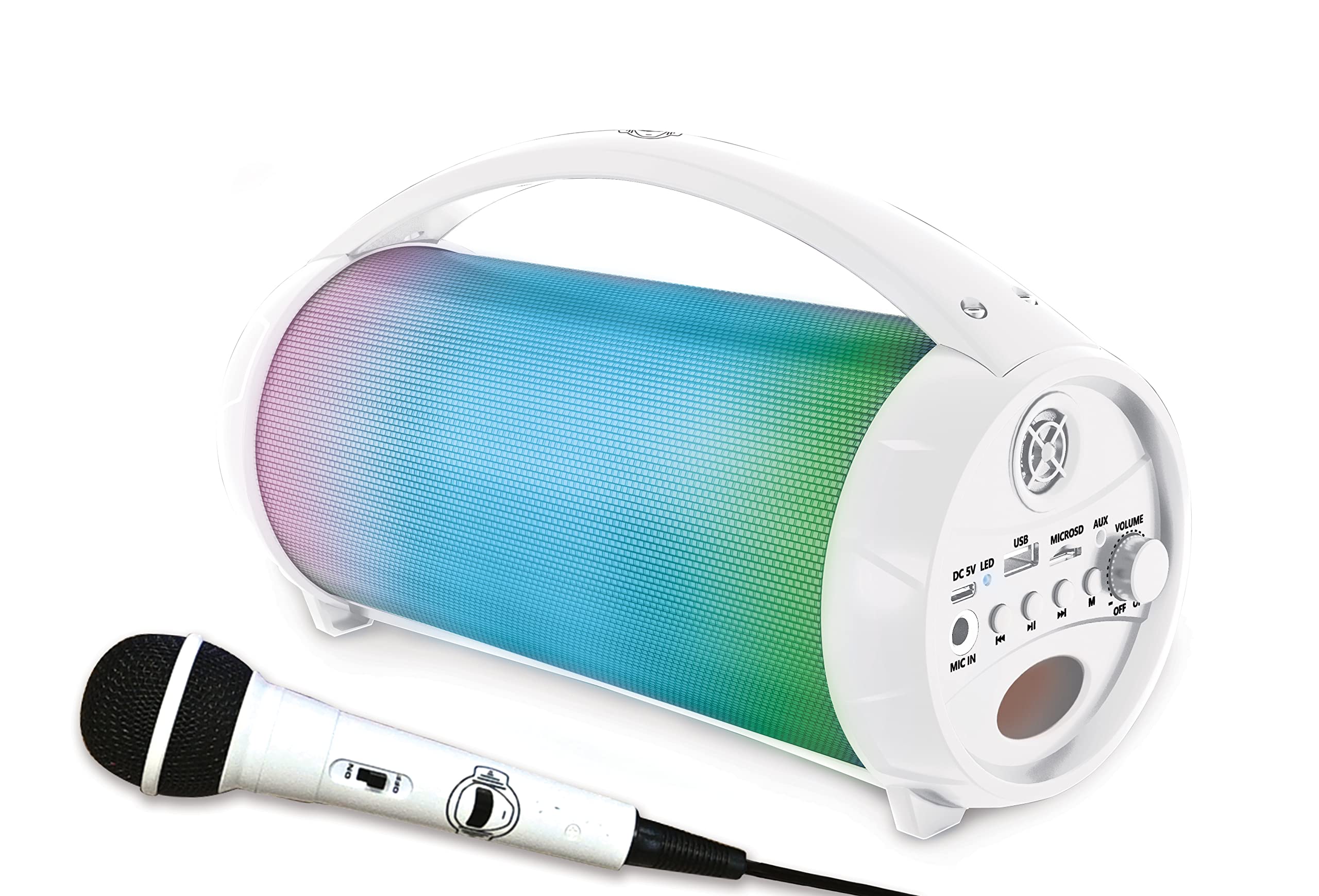 LEXIBOOK BTP585Z iParty-Portable Bluetooth Speaker with Microphone, Stereo, Light Effects, Karaoke, Wireless, FM Radio, USB, SD Card, Rechargeable Battery, White