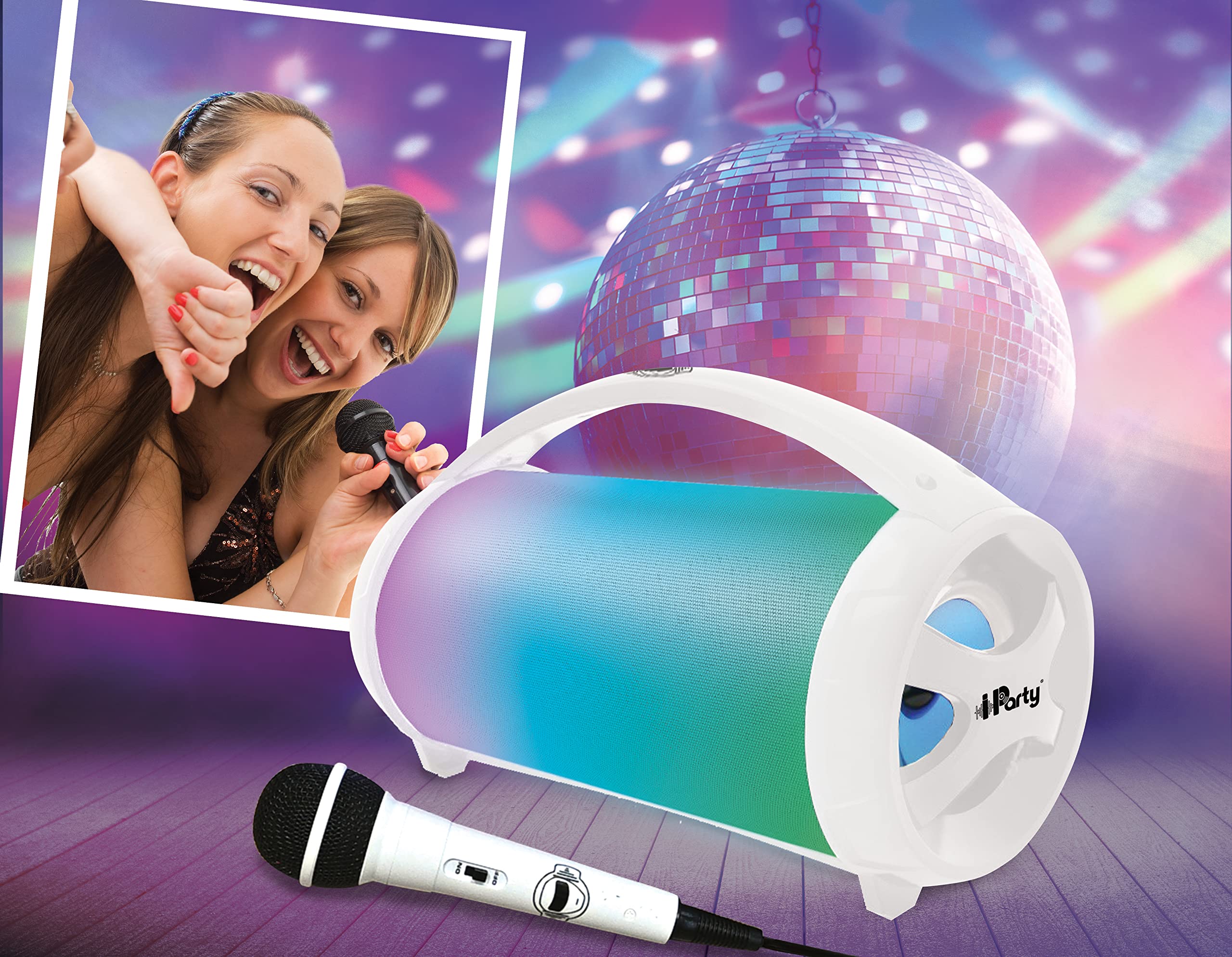 LEXIBOOK BTP585Z iParty-Portable Bluetooth Speaker with Microphone, Stereo, Light Effects, Karaoke, Wireless, FM Radio, USB, SD Card, Rechargeable Battery, White