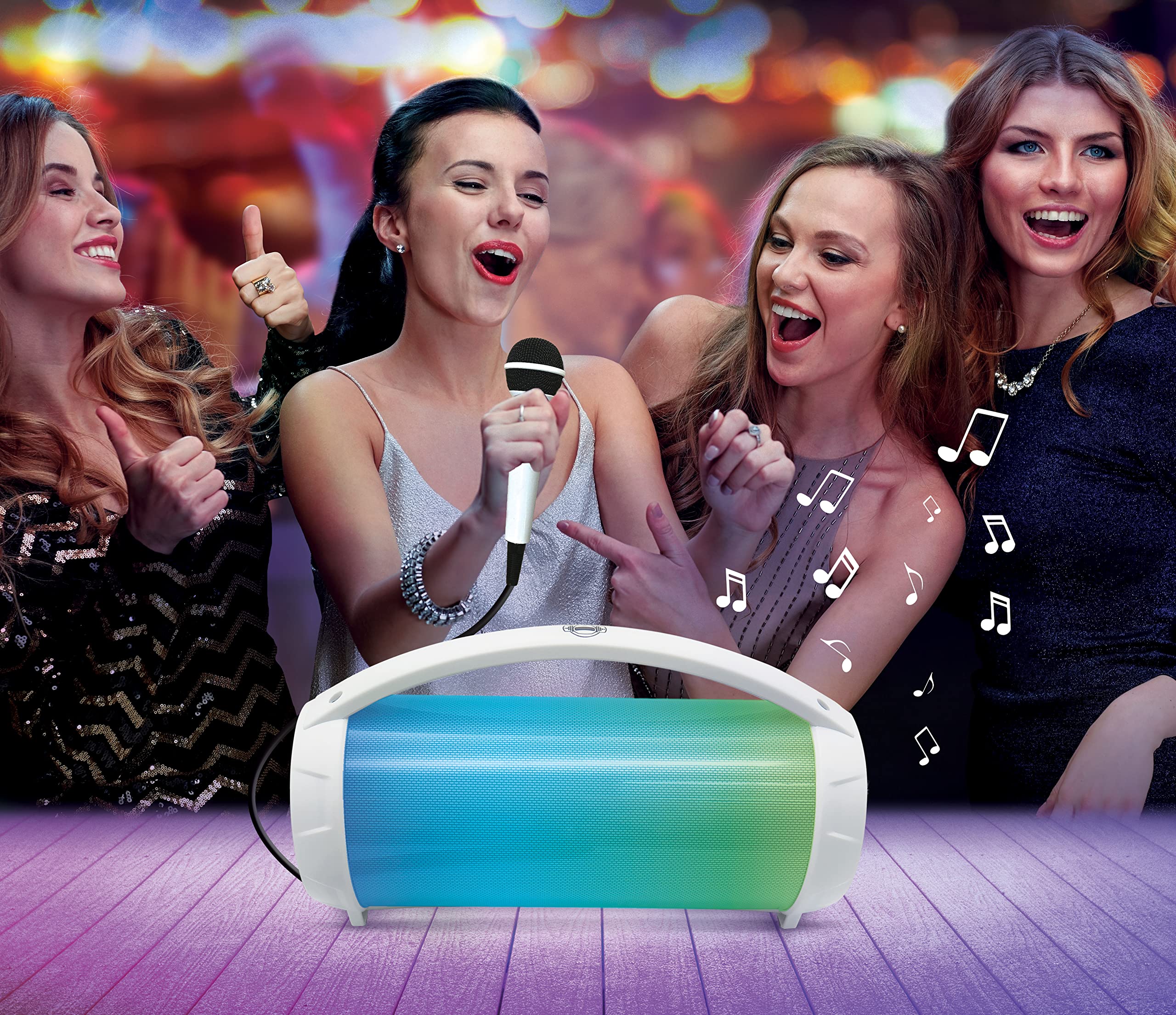 LEXIBOOK BTP585Z iParty-Portable Bluetooth Speaker with Microphone, Stereo, Light Effects, Karaoke, Wireless, FM Radio, USB, SD Card, Rechargeable Battery, White