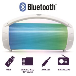 LEXIBOOK BTP585Z iParty-Portable Bluetooth Speaker with Microphone, Stereo, Light Effects, Karaoke, Wireless, FM Radio, USB, SD Card, Rechargeable Battery, White