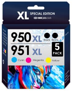 inkjetsclub ink cartridge compatible with hp 950xl 951xl. works with officejet pro 8600 8610 8620 8630 8100 8640 8660 8615 8625 251dw 271dw 276dw printers. 5 pack (black, cyan, magenta, yellow)