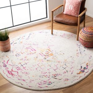 safavieh tulum collection 6'7" round ivory / fuchsia tul268e moroccan boho distressed non-shedding dining room entryway foyer living room bedroom area rug