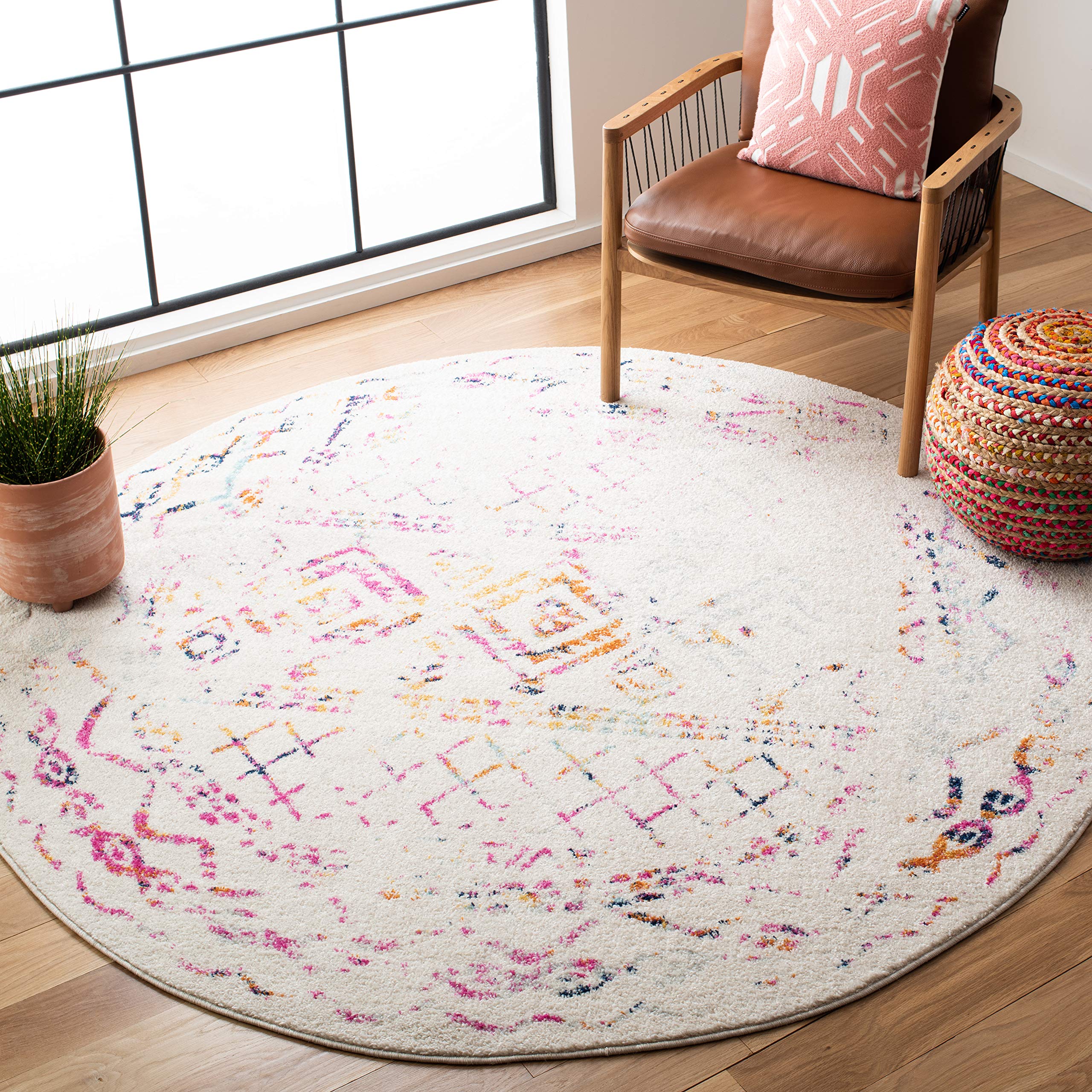 SAFAVIEH Tulum Collection 6'7" Round Ivory / Fuchsia TUL268E Moroccan Boho Distressed Non-Shedding Dining Room Entryway Foyer Living Room Bedroom Area Rug