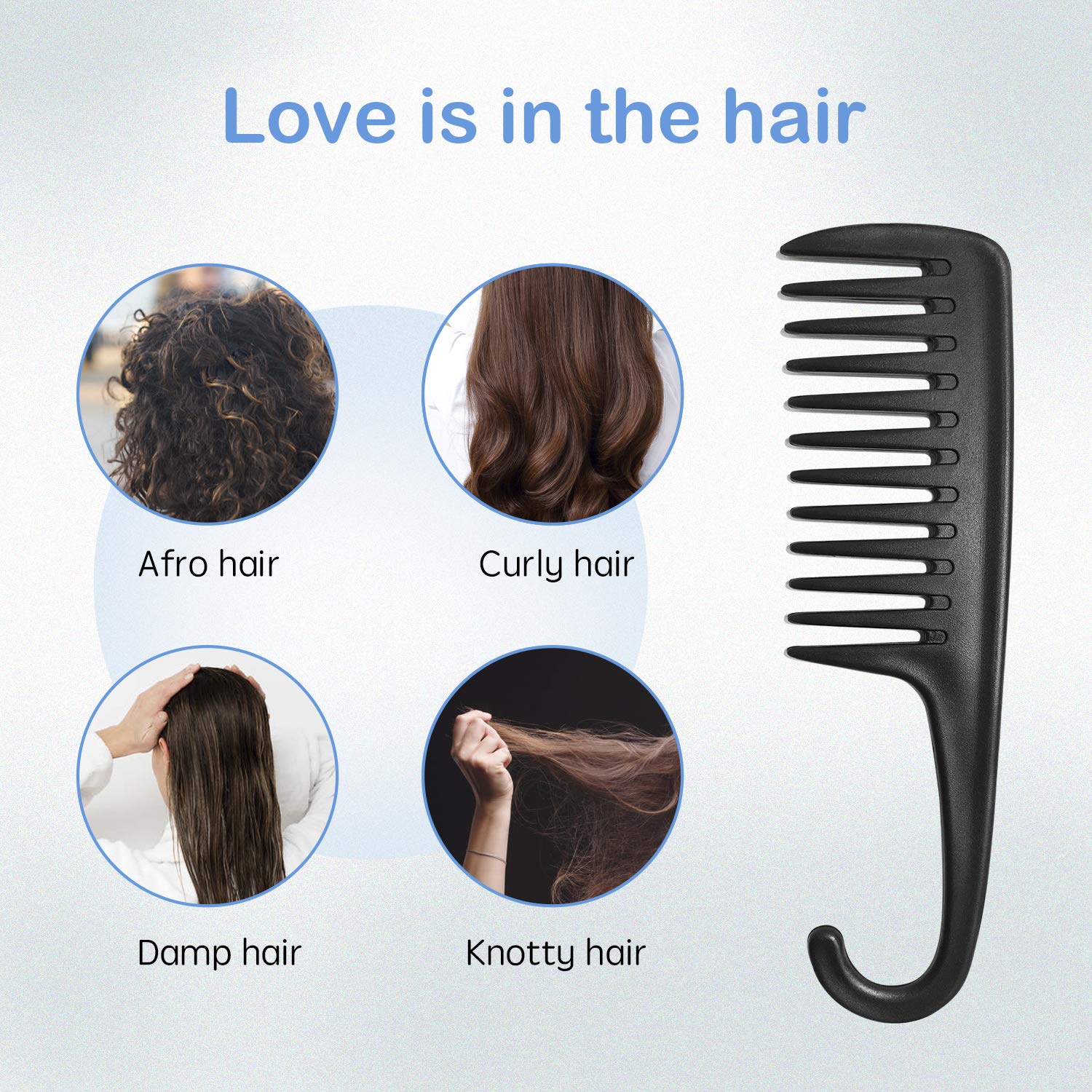 Wapodeai Wide Tooth Comb Shower Comb With Hook, Good for Curly Hair Wet Dry, Premium Tangle Free Combs Black.