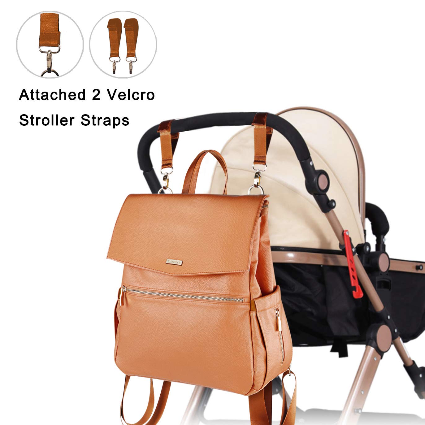 LANDICI Diaper Bag Backpack for Mom,Multifunction Leather Maternity Baby Changing Bag with Stroller Straps,Wipes Pouch,Diaper Bag Organizer,Fashion Diaper Bag Tote for Women,Light Orange