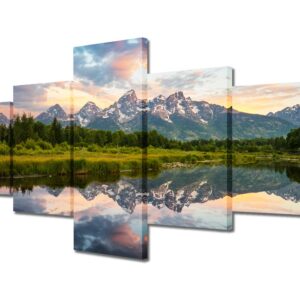 Canvas Wall Art American Fantastic Sunrise Landscape in Grand Teton National Park, 5Pcs Modern Landscape Artwork Scenery Painting for Home Decoration Wall Decor Stretched and Framed Ready to Hang