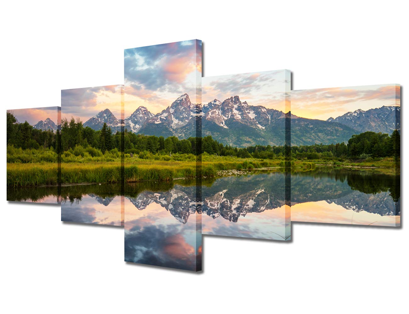 Canvas Wall Art American Fantastic Sunrise Landscape in Grand Teton National Park, 5Pcs Modern Landscape Artwork Scenery Painting for Home Decoration Wall Decor Stretched and Framed Ready to Hang