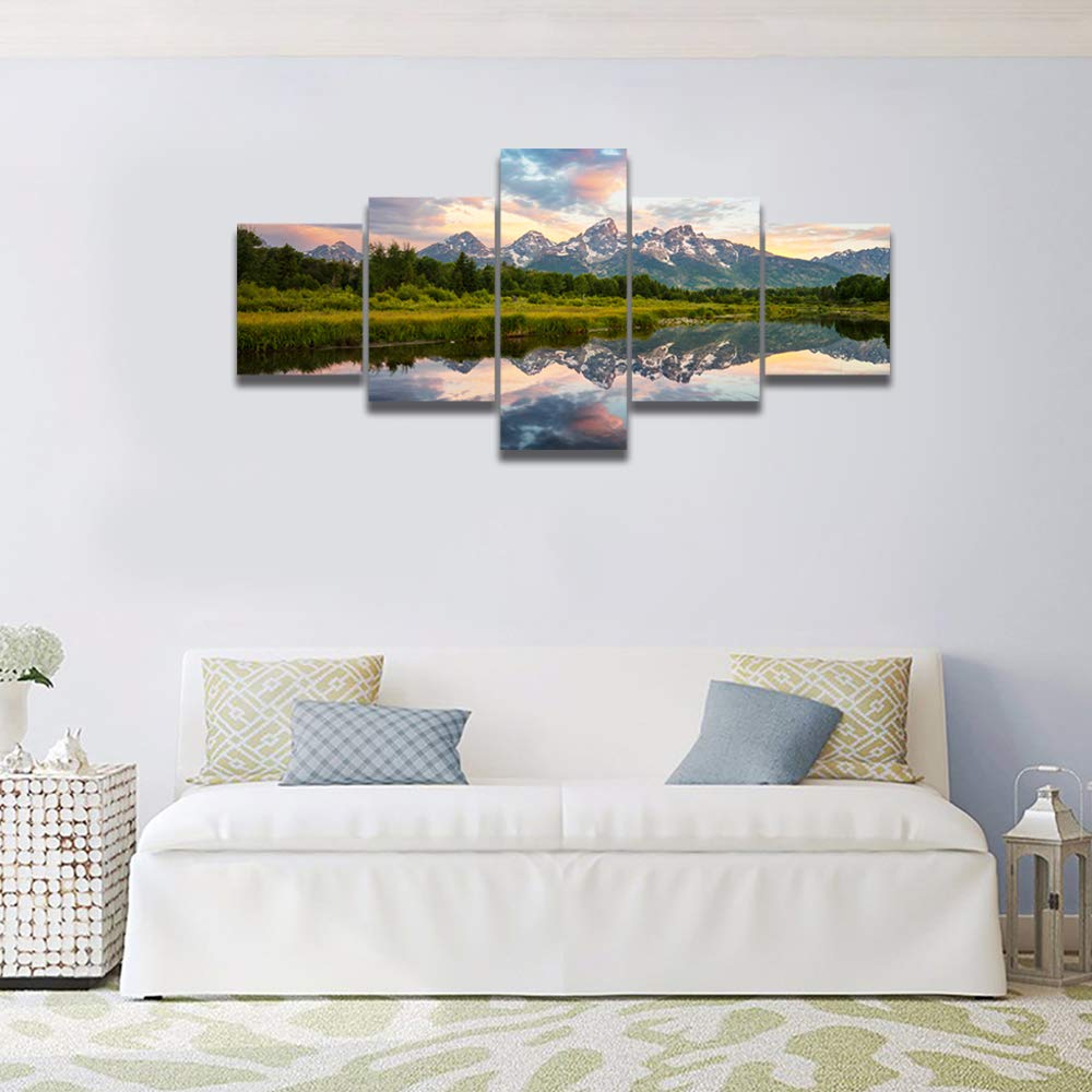 Canvas Wall Art American Fantastic Sunrise Landscape in Grand Teton National Park, 5Pcs Modern Landscape Artwork Scenery Painting for Home Decoration Wall Decor Stretched and Framed Ready to Hang