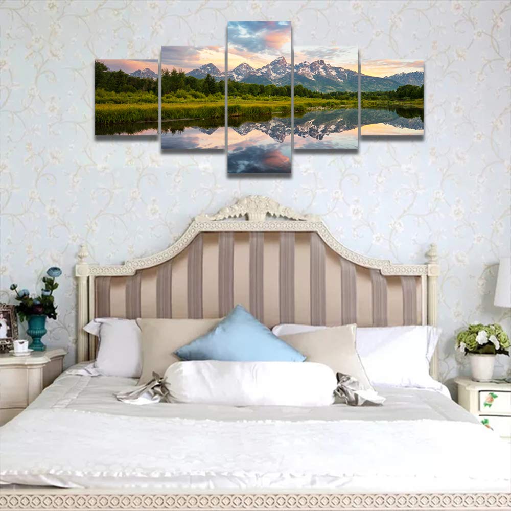 Canvas Wall Art American Fantastic Sunrise Landscape in Grand Teton National Park, 5Pcs Modern Landscape Artwork Scenery Painting for Home Decoration Wall Decor Stretched and Framed Ready to Hang