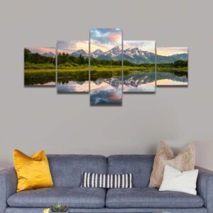 Canvas Wall Art American Fantastic Sunrise Landscape in Grand Teton National Park, 5Pcs Modern Landscape Artwork Scenery Painting for Home Decoration Wall Decor Stretched and Framed Ready to Hang