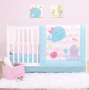 the peanutshell sea sweeties pink and blue crib bedding sets for baby girls | 4 piece nursery set | crib comforter, fitted crib sheet, crib skirt with plush whale