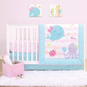 The Peanutshell Sea Sweeties Pink and Blue Crib Bedding Sets for Baby Girls | 4 Piece Nursery Set | Crib Comforter, Fitted Crib Sheet, Crib Skirt with Plush Whale