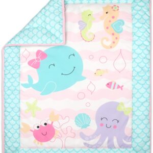 The Peanutshell Sea Sweeties Pink and Blue Crib Bedding Sets for Baby Girls | 4 Piece Nursery Set | Crib Comforter, Fitted Crib Sheet, Crib Skirt with Plush Whale