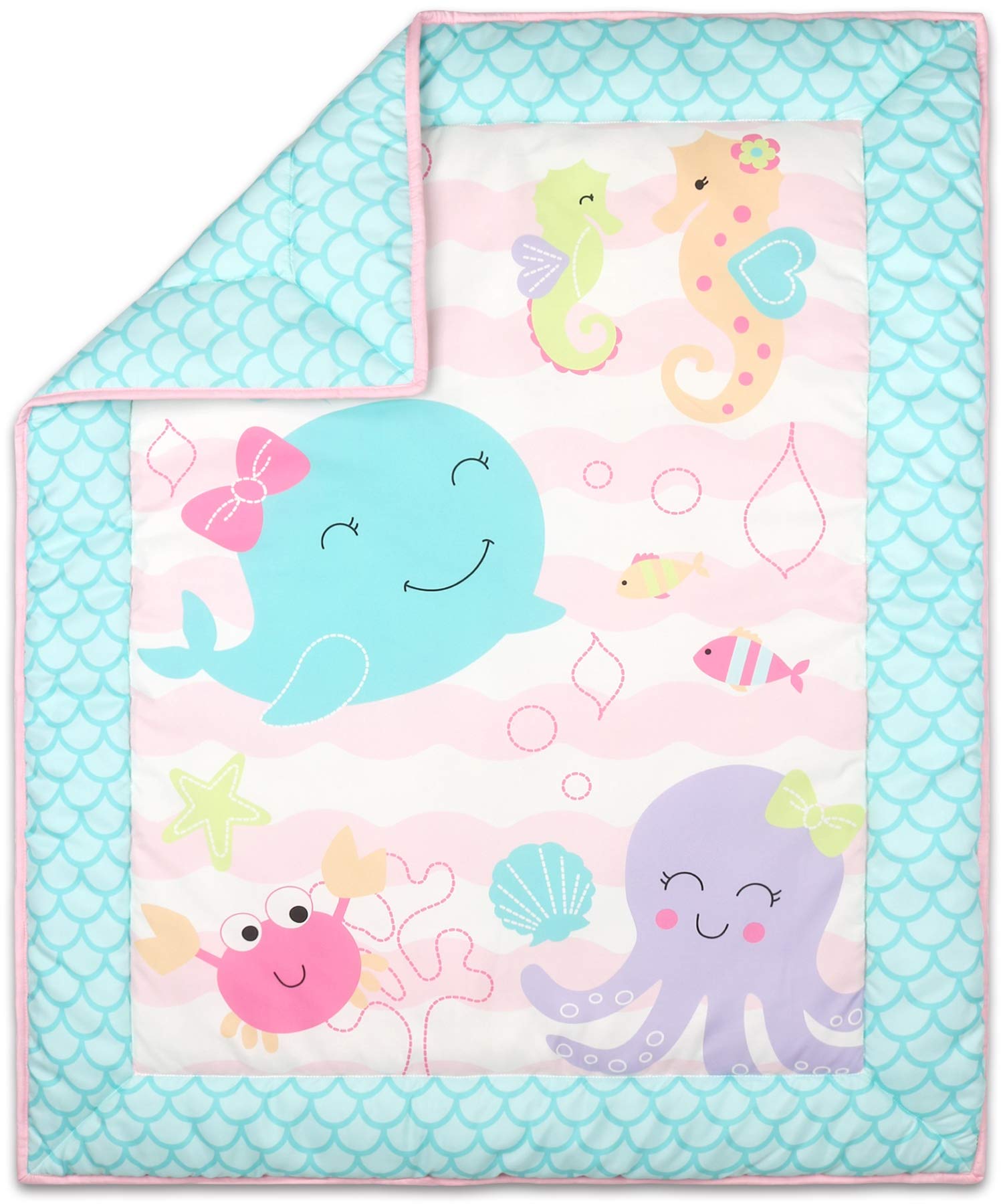 The Peanutshell Sea Sweeties Pink and Blue Crib Bedding Sets for Baby Girls | 4 Piece Nursery Set | Crib Comforter, Fitted Crib Sheet, Crib Skirt with Plush Whale