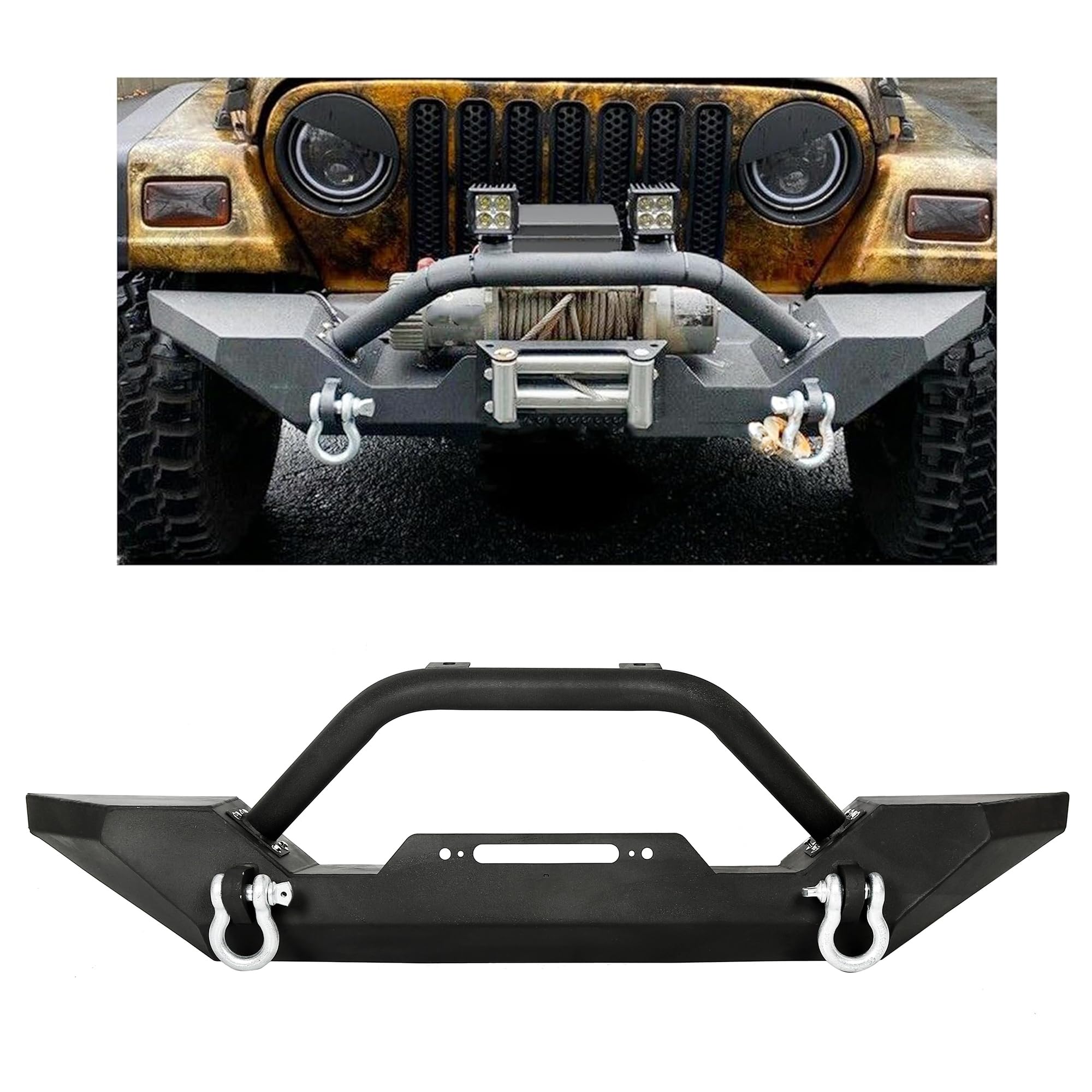 KUAFU Front Winch Bumper Black Compatible with 1986-2006 Jeep Wrangler TJ YJ With D-rings