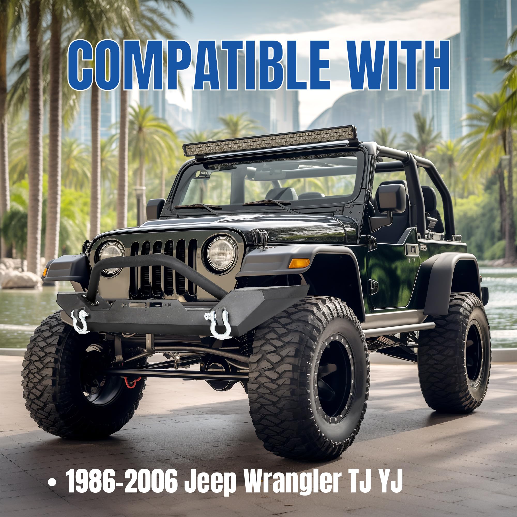 KUAFU Front Winch Bumper Black Compatible with 1986-2006 Jeep Wrangler TJ YJ With D-rings