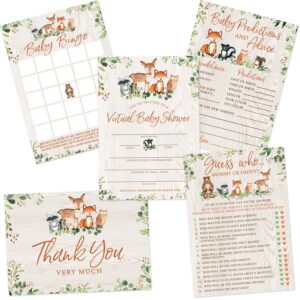 printed party virtual baby shower by mail, woodland forest animals, set of 5 double-sided invitations, games, activities and thank you cards