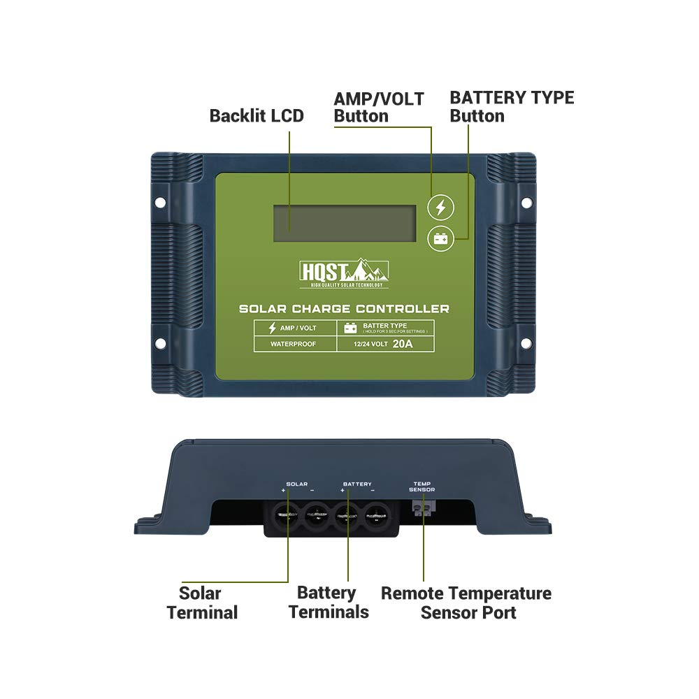 HQST PWM 20A 12/24V Waterproof Common Positive Solar Charge Controller with LCD Display, Compatible with Gel, AGM, Flooded, Lithium Batteries