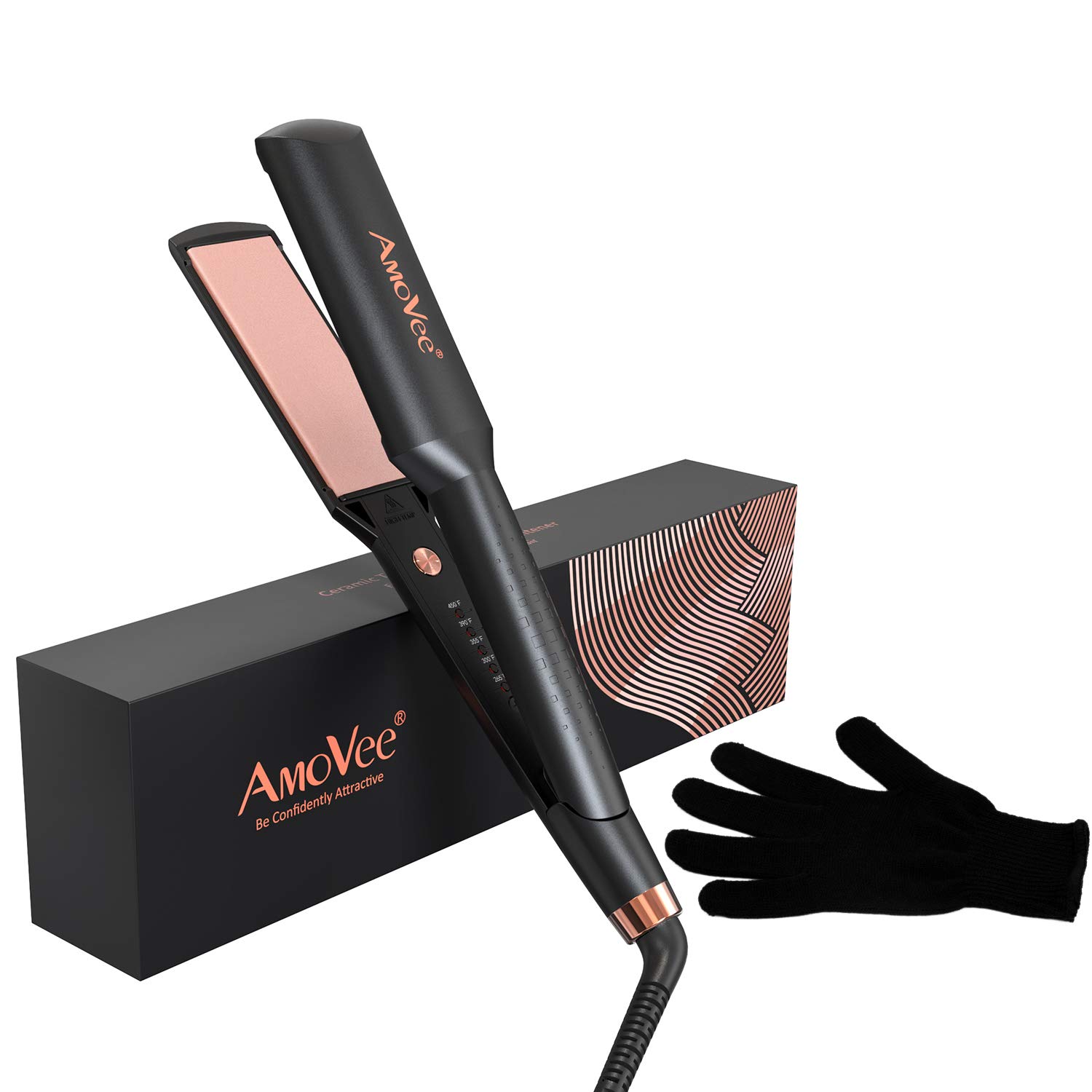 AmoVee Wide Flat Iron, 1.5" Inch Wide Hair Straighter Ceramic Ionic, with 5 Adjustable Temp Ultra Wide Floating Plate for All Hair Types, Instant Heating, Auto-Off, Inc. Glove, Rose Gold