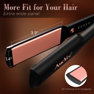 AmoVee Wide Flat Iron, 1.5" Inch Wide Hair Straighter Ceramic Ionic, with 5 Adjustable Temp Ultra Wide Floating Plate for All Hair Types, Instant Heating, Auto-Off, Inc. Glove, Rose Gold