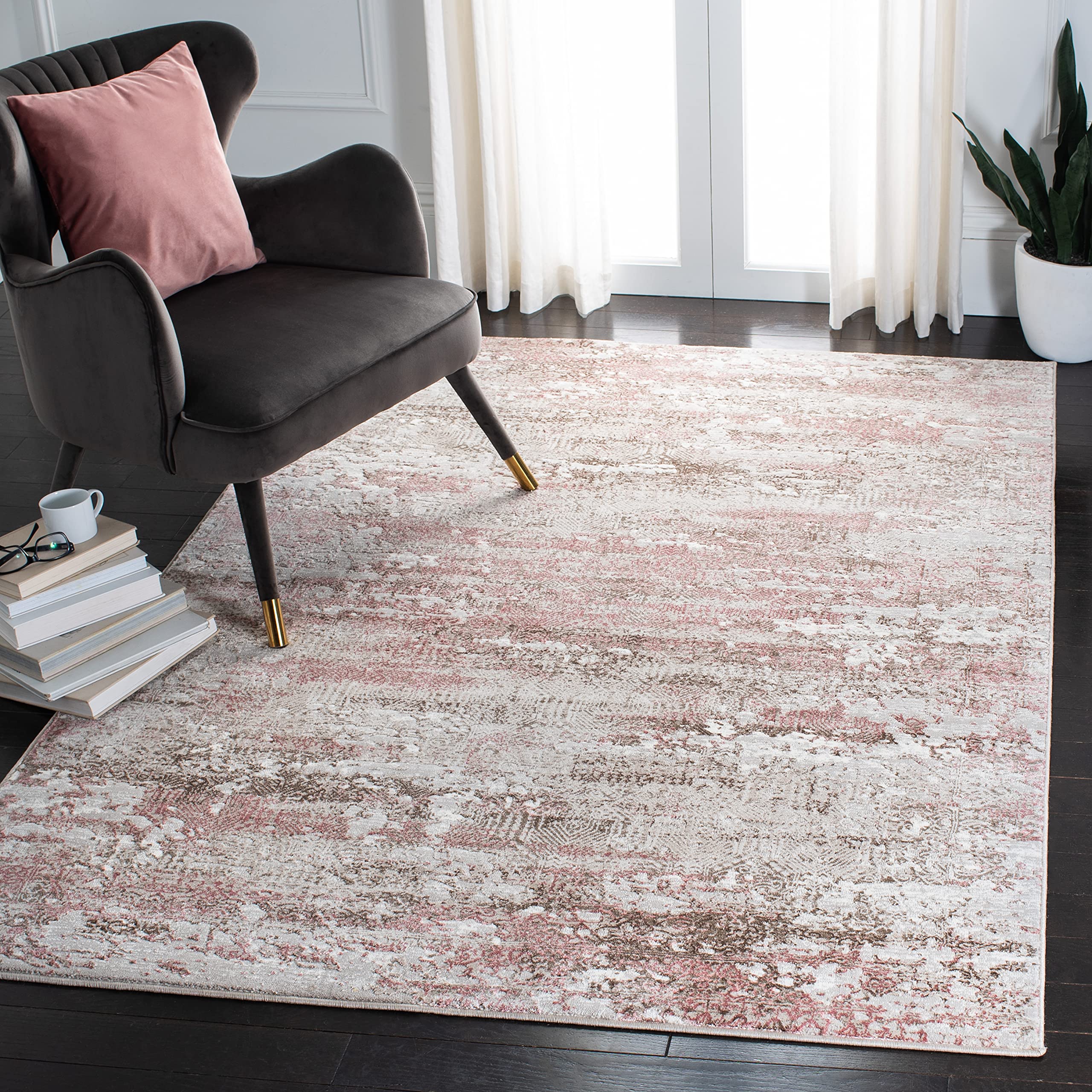 SAFAVIEH Meadow Collection Area Rug - 9' x 12', Beige & Pink, Modern Abstract Design, Non-Shedding & Easy Care, Ideal for High Traffic Areas in Living Room, Bedroom (MDW585B)