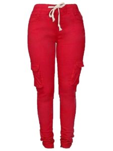 andongnywell womens solid color stretch drawstring skinny pants cargo joggers butt lift pant with pockets (red,x-large)