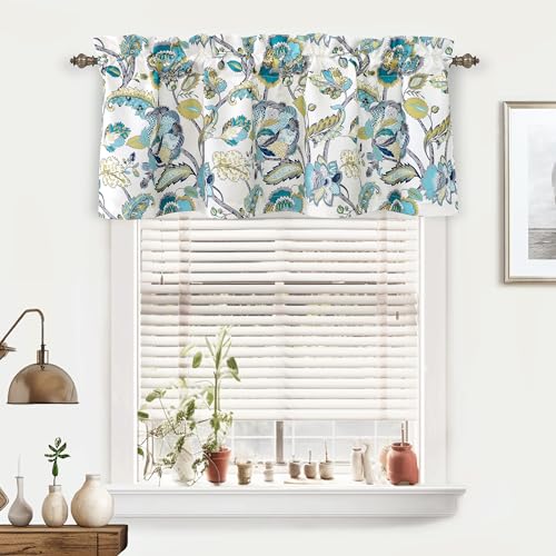 DriftAway Layla Classic America Style Floral Leaves Room Darkening Window Curtain Valance Rod Pocket 52 Inch by 18 Inch Plus 2 Inch Header Ivory Teal Gray 2 Pack