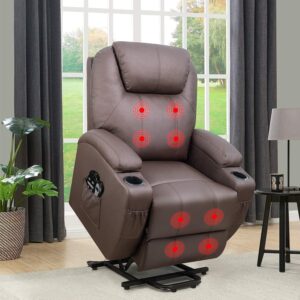 flamaker power lift recliner chair pu leather for elderly with massage ergonomic lounge chair classic single sofa with 2 cup holders side pockets home theater seat (brown)