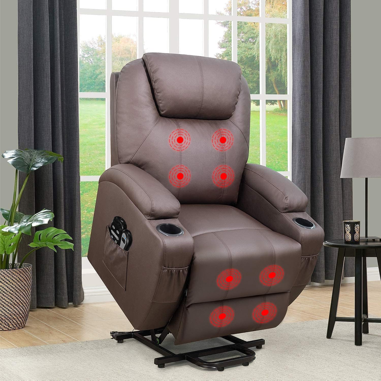 Flamaker Power Lift Recliner Chair PU Leather for Elderly with Massage Ergonomic Lounge Chair Classic Single Sofa with 2 Cup Holders Side Pockets Home Theater Seat (Brown)