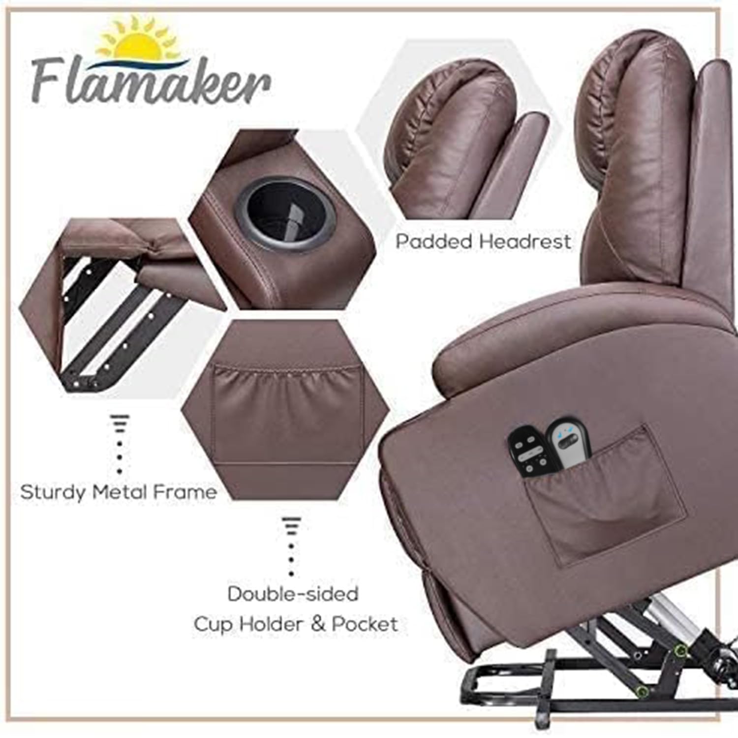 Flamaker Power Lift Recliner Chair PU Leather for Elderly with Massage Ergonomic Lounge Chair Classic Single Sofa with 2 Cup Holders Side Pockets Home Theater Seat (Brown)