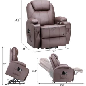 Flamaker Power Lift Recliner Chair PU Leather for Elderly with Massage Ergonomic Lounge Chair Classic Single Sofa with 2 Cup Holders Side Pockets Home Theater Seat (Brown)