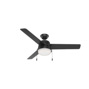 hunter fan company, 50386, 52 inch aker matte black indoor / outdoor ceiling fan with led light kit and pull chain
