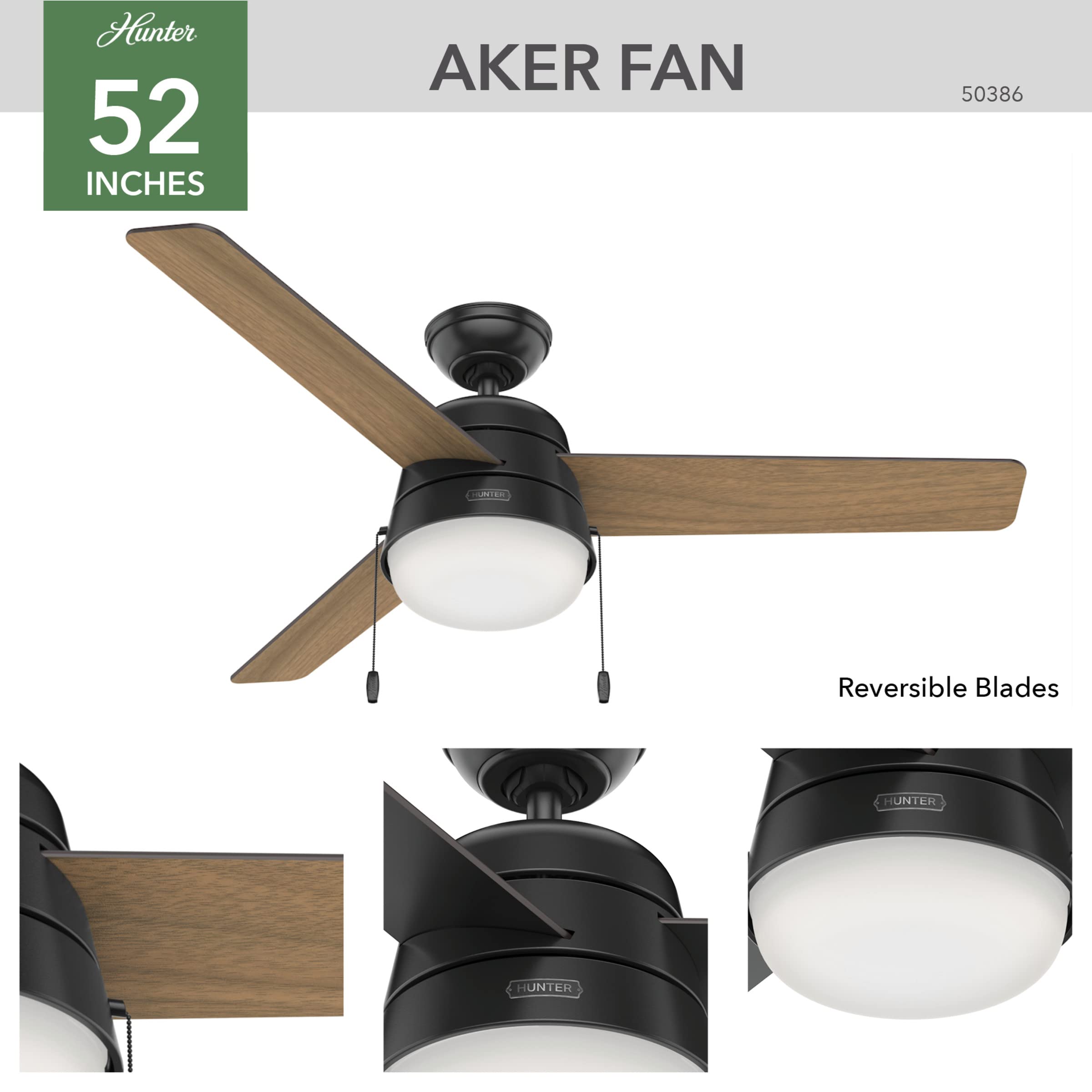 Hunter Fan Company, 50386, 52 inch Aker Matte Black Indoor / Outdoor Ceiling Fan with LED Light Kit and Pull Chain