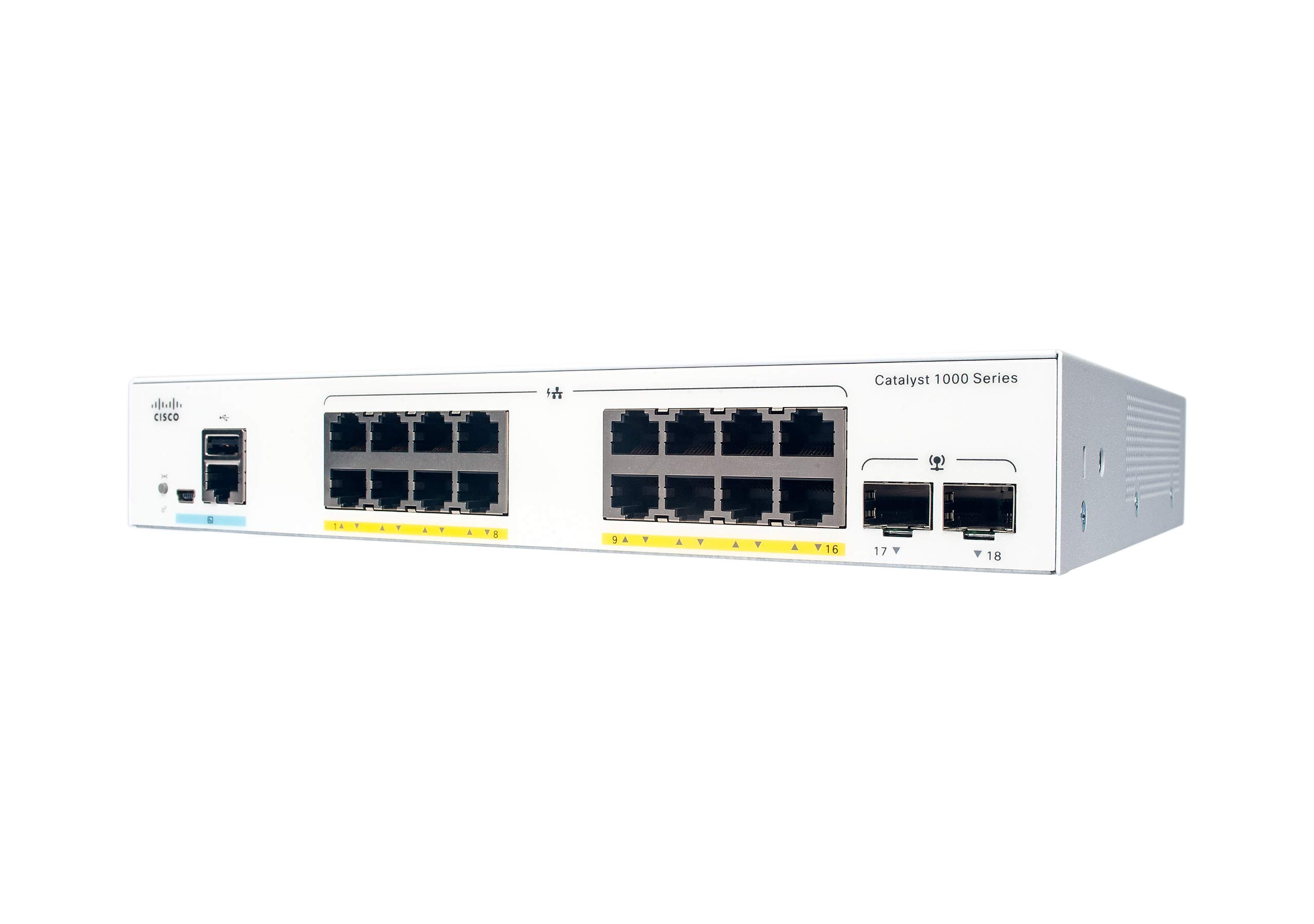 Cisco Catalyst 1000-16T-E-2G-L Network Switch, 16 Gigabit Ethernet Ports, 2 1G SFP Uplink Ports, Fanless Operation, External PS, Enhanced Limited (C1000-16T-E-2G-L)