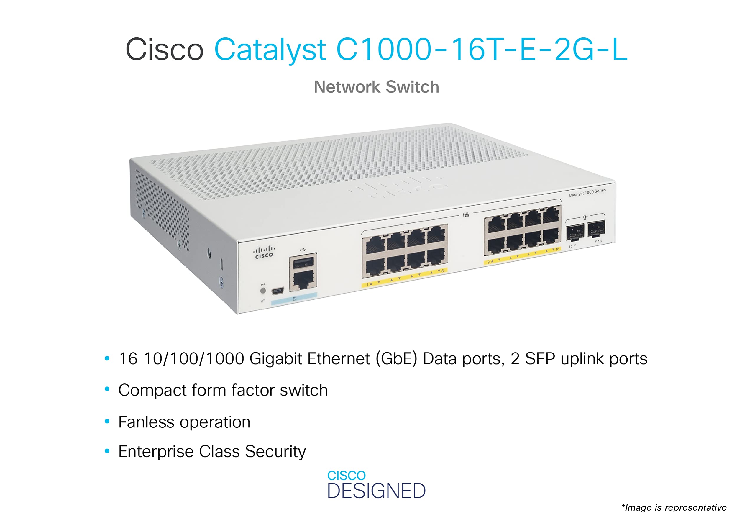 Cisco Catalyst 1000-16T-E-2G-L Network Switch, 16 Gigabit Ethernet Ports, 2 1G SFP Uplink Ports, Fanless Operation, External PS, Enhanced Limited (C1000-16T-E-2G-L)