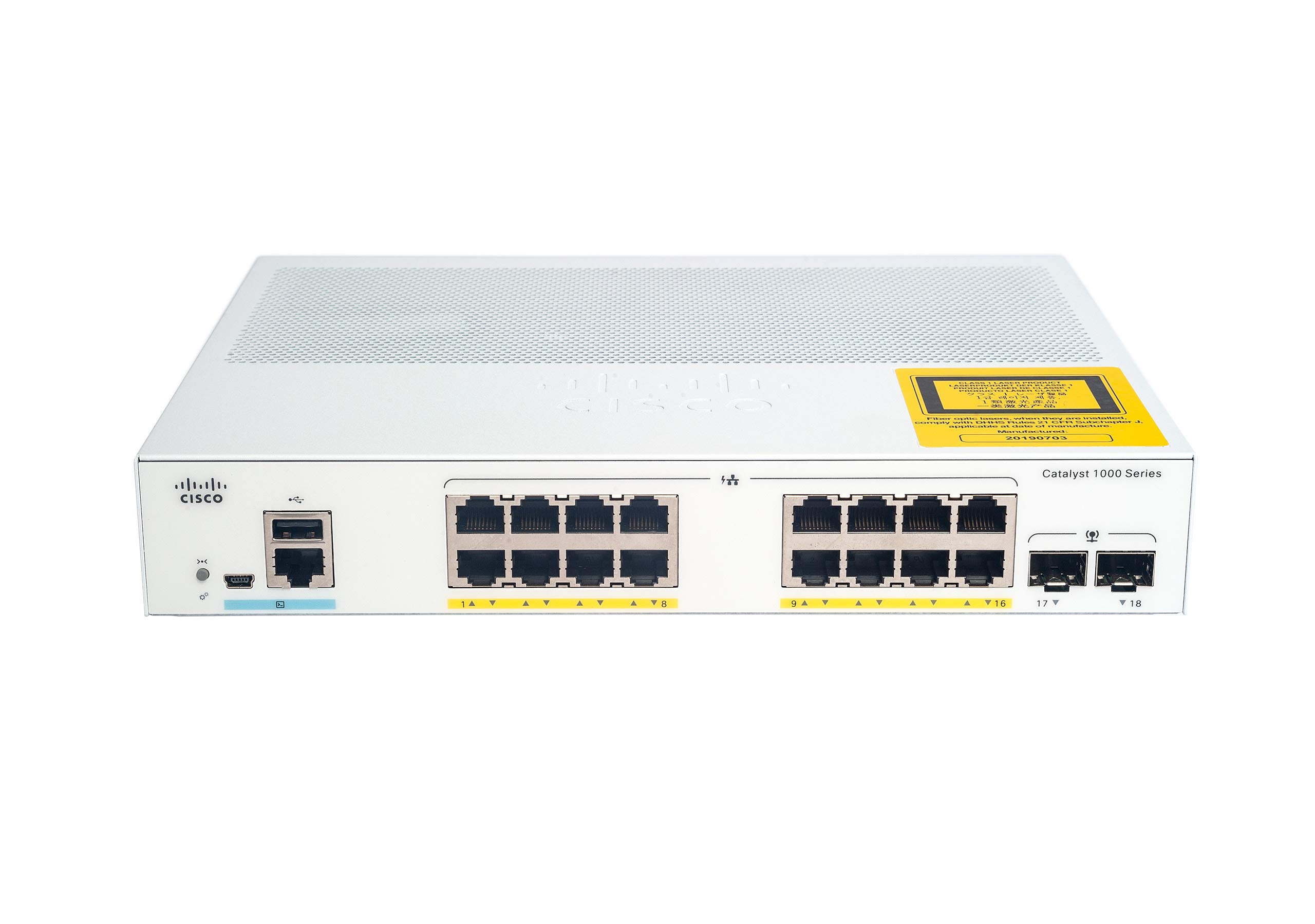 Cisco Catalyst 1000-16T-E-2G-L Network Switch, 16 Gigabit Ethernet Ports, 2 1G SFP Uplink Ports, Fanless Operation, External PS, Enhanced Limited (C1000-16T-E-2G-L)