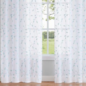 Fragrantex Sheer Kitchen Curtains 36" Length Spa Blue Leaf Embroidered Short Curtains for Bathroom Farmhouse Botanical Window Treatment Set for Cafe/Basement/Laundry,Rod Pocket 28" Wx36 L