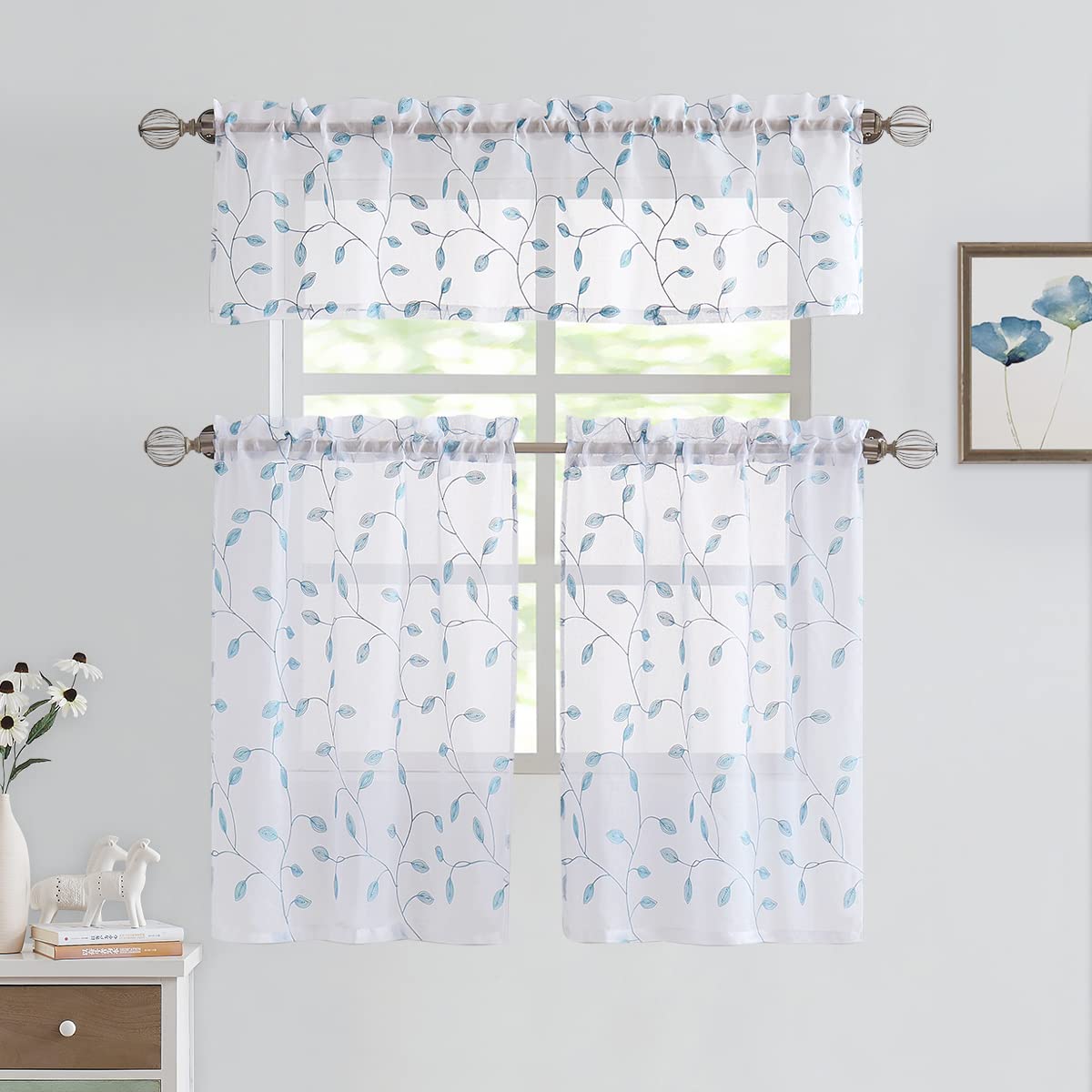 Fragrantex Sheer Kitchen Curtains 36" Length Spa Blue Leaf Embroidered Short Curtains for Bathroom Farmhouse Botanical Window Treatment Set for Cafe/Basement/Laundry,Rod Pocket 28" Wx36 L