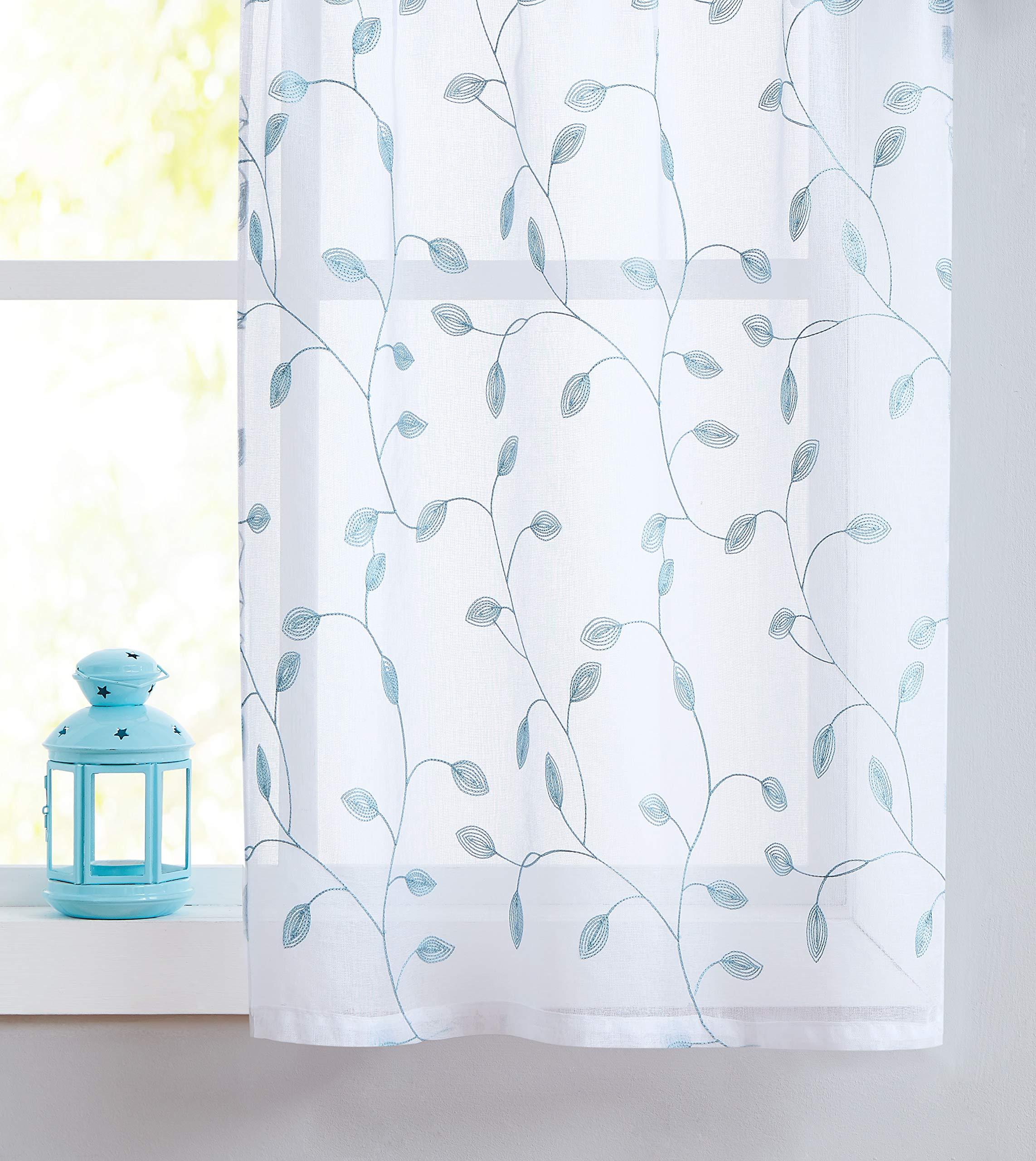 Fragrantex Sheer Kitchen Curtains 36" Length Spa Blue Leaf Embroidered Short Curtains for Bathroom Farmhouse Botanical Window Treatment Set for Cafe/Basement/Laundry,Rod Pocket 28" Wx36 L