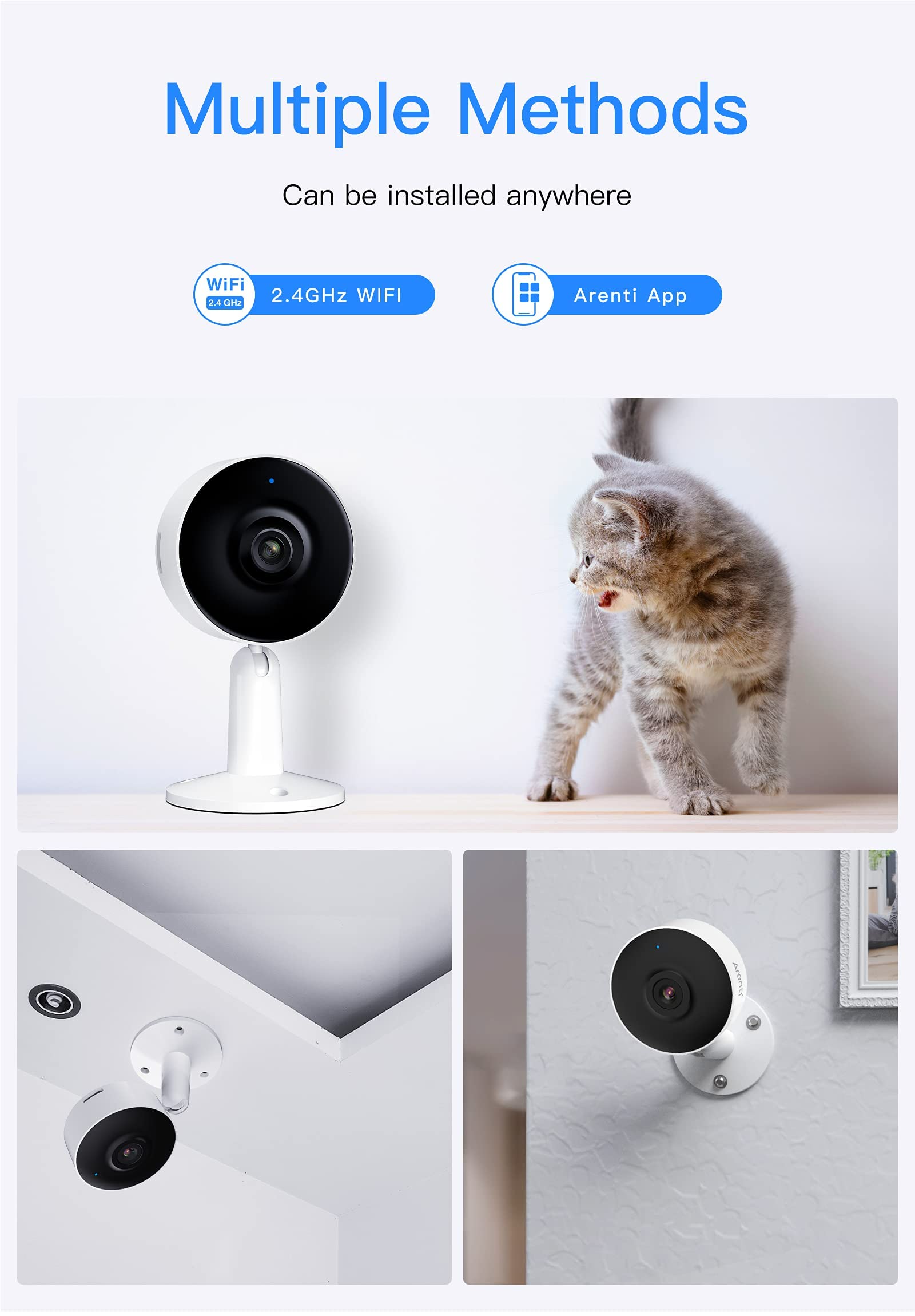 ARENTI Indoor Home Security Camera 1080P HD, 2.4G WiFi Plug in Security Camera with Night Vision, Two Way Audio, Pet Camera with Phone App, Motion & Sound Detection, Works with Alexa & Google Home