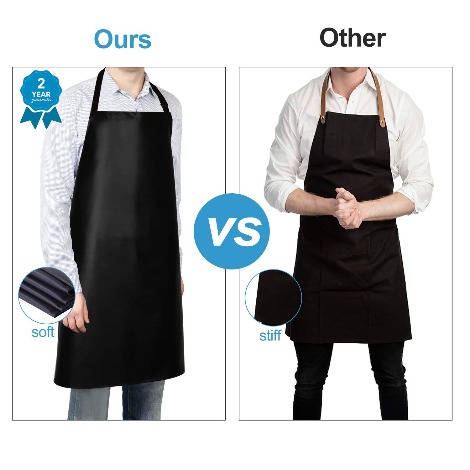 2 Pack Waterproof Rubber Vinyl Apron 40" Chef Aprons for Men Heavy Duty Chemical Work Apron Gifts for Dad Husband Fathers, Adjustable Bib Apron for Dishwashing Lab Butcher Cooking Kitchen Black